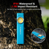 Blue flashlight on a tree trunk with waterproof and impact-resistant features highlighted.